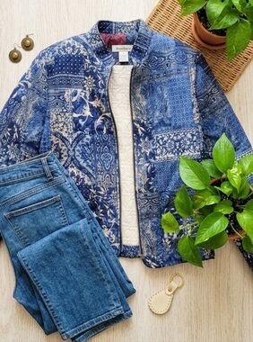 Vintage Dressbarn Quilted Jacket Small Blue White Patchwork Paisley Made in USA